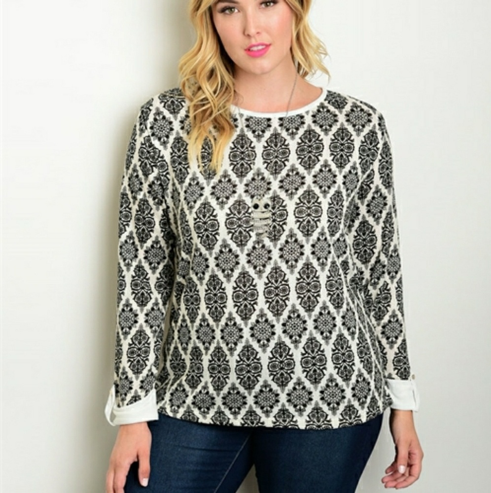 Damask Print Long Sleeve Career Blouse w Cuff